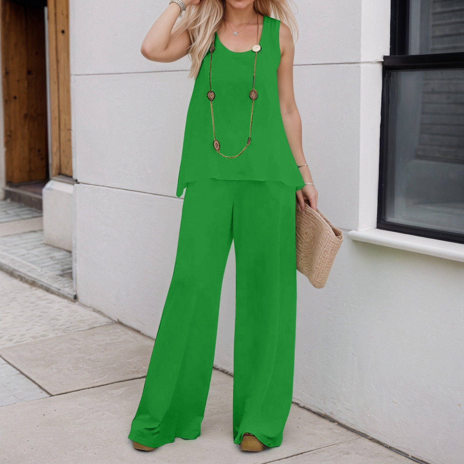 thumbnail image 2 of Conjunto de 2 piezas para mujer: chaleco sin mangas y pantalones anchos, estilo boho informal, color liso, mezcla de poliéster y spandex, 2 of 5